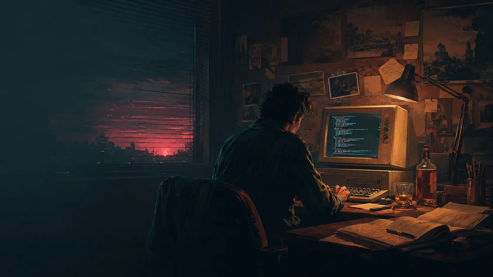 Programista pracujący przy komputerze w ciemnym, retrofuturystycznym biurze