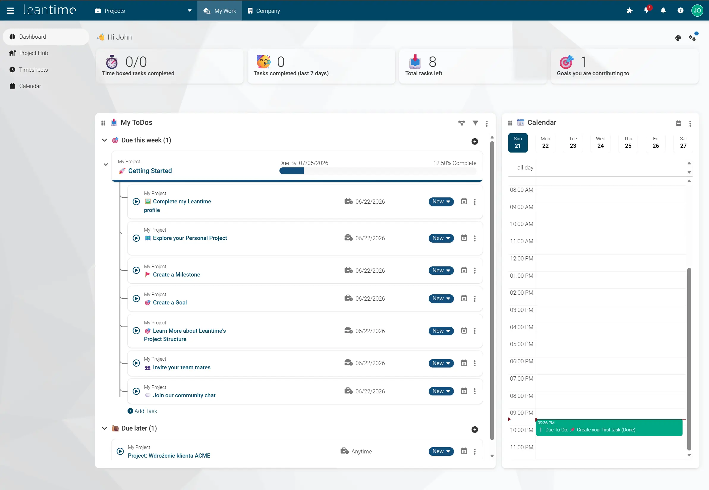 Panel aplikacji Leantime po zakończeniu konfiguracji